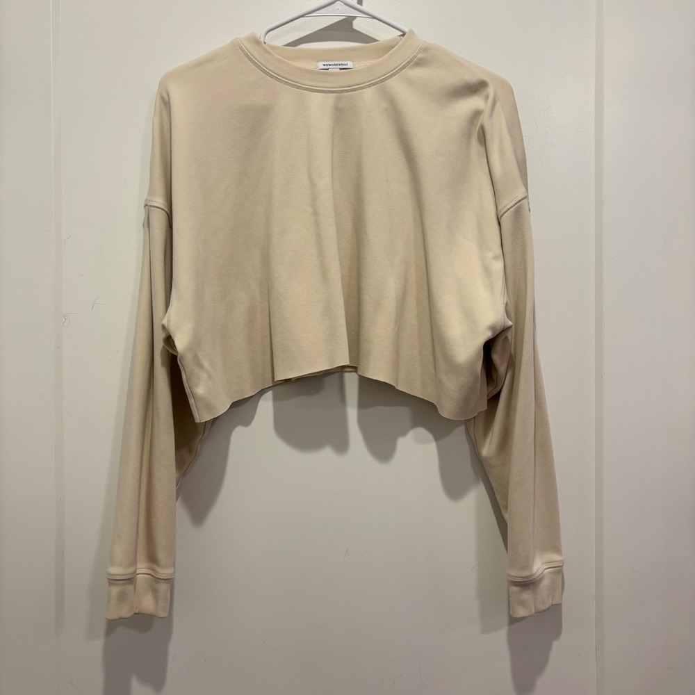 WeWoreWhat Womens Cropped Sweatshirt Beige Long Sleeve Raw Hem Size Small